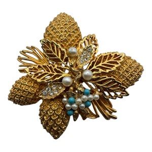 Vintage Gold-Tone Pinecone Floral Brooch w/ Faux Pearls & Rhinestones – 2”
